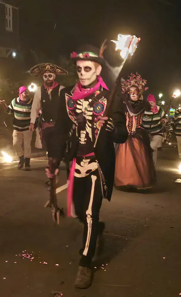 Photo of a full skeleton costume in Mayfield's procession