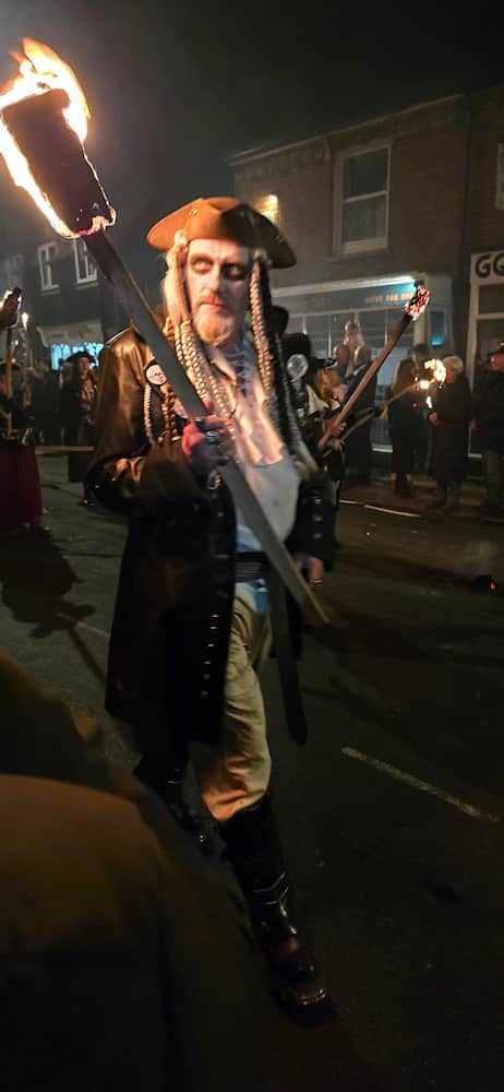 Photo of someone dressed as Captain Jack Sparrow at Heathfield bonfire parade